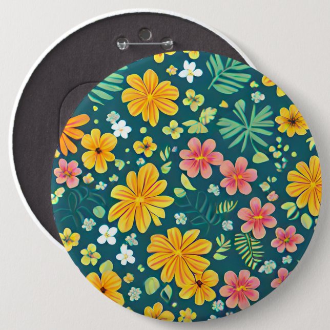 Tropical leaves and flowers pattern  6 cm round badge (Front & Back)