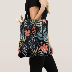 Tropical leaves and flowers pattern tote bag