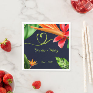 Tropical Leaves and Flowers Retro Wedding Napkin
