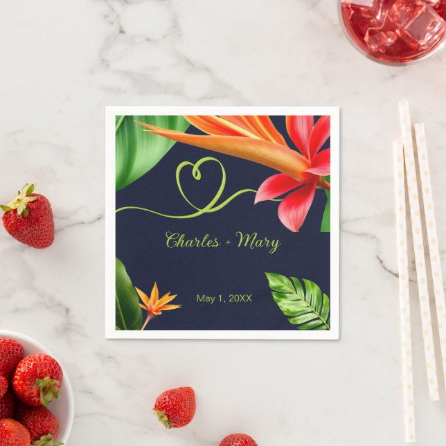 Tropical Leaves and Flowers Retro Wedding Napkin (Insitu)