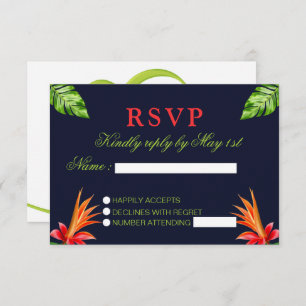 Tropical Leaves and Flowers Retro Wedding RSVP Card