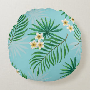 Tropical leaves and flowers round cushion