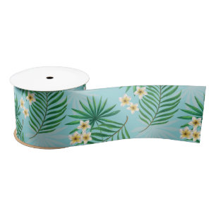 Tropical leaves and flowers satin ribbon