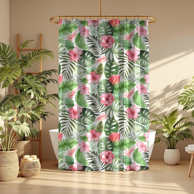 Tropical Leaves and Flowers Shower Curtain (Tropical Leaves and Flowers Shower Curtain in a boho mocha bathroom with tropical botanicals.)