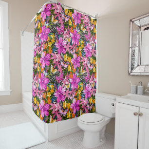 Tropical leaves and flowers shower curtain