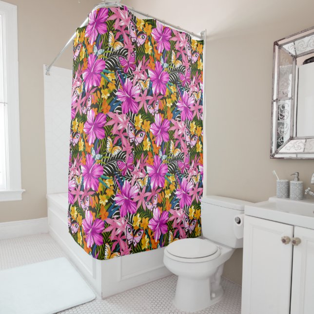 Tropical leaves and flowers shower curtain (In Situ)