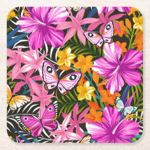 Tropical leaves and flowers square paper coaster