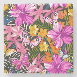 Tropical leaves and flowers stone coaster