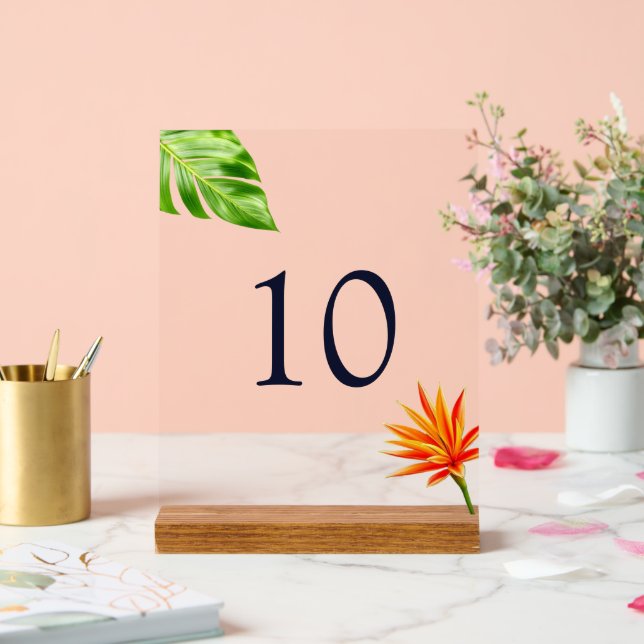Tropical Leaves and Flowers Table Number Acrylic Sign (Wedding)