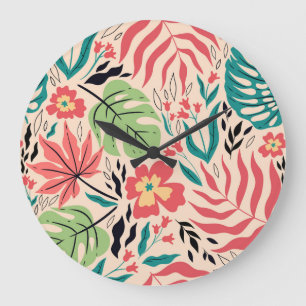 Tropical Leaves and Flowers: Vintage Fusion Large Clock
