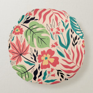 Tropical Leaves and Flowers: Vintage Fusion Round Cushion