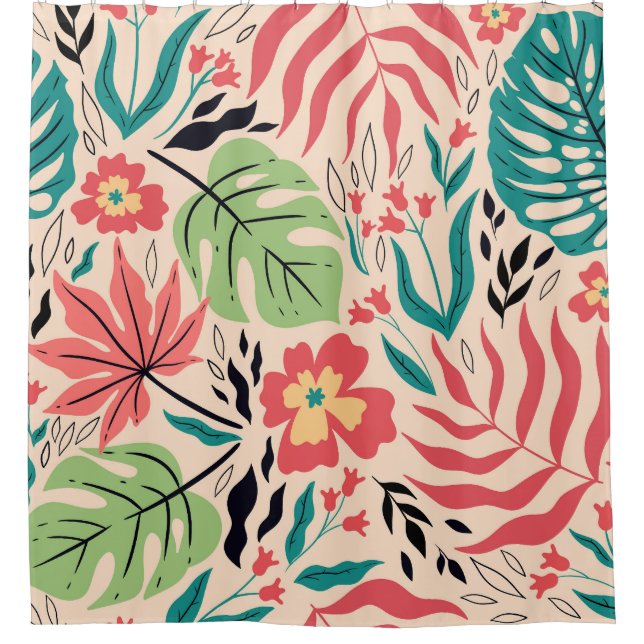 Tropical Leaves and Flowers: Vintage Fusion Shower Curtain (Front)