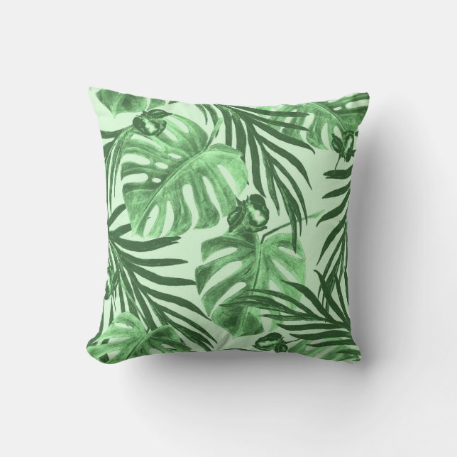 Tropical leaves and flowers, watercolor pattern. cushion (Front)