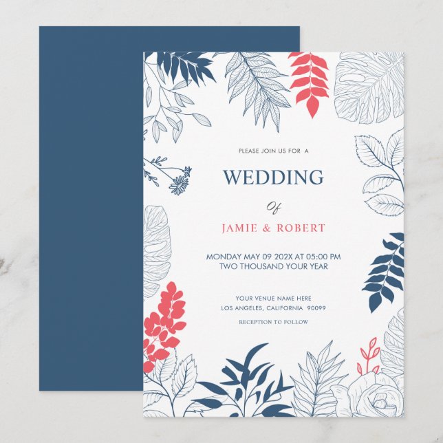 Tropical leaves and flowers wedding frame invitation (Front/Back)