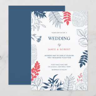 Tropical leaves and flowers wedding frame invitation