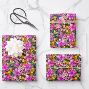 Tropical Leaves and Flowers Wrapping Paper Sheet