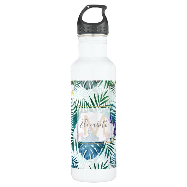 Tropical leaves and orchid flowers design 710 ml water bottle (Front)