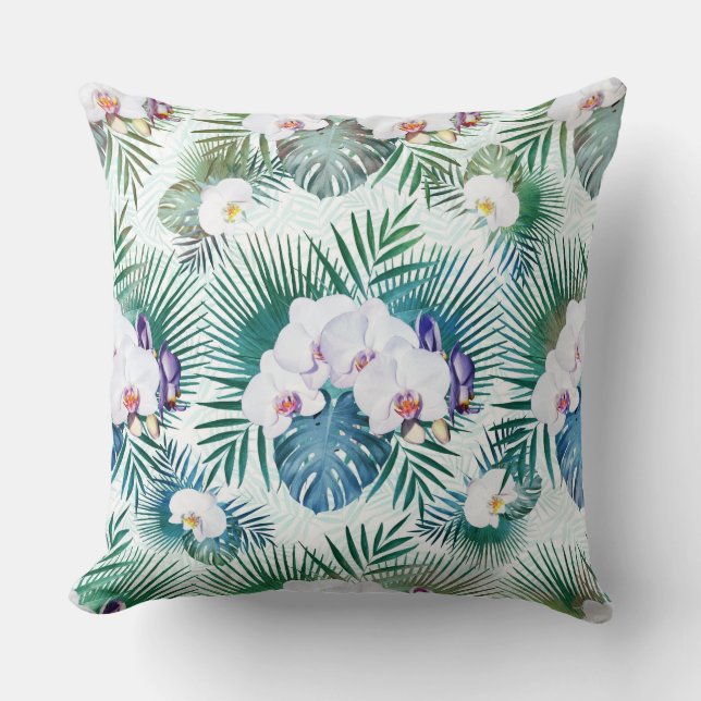Tropical leaves and orchid flowers design cushion (Front)