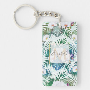 Tropical leaves and orchid flowers design key ring
