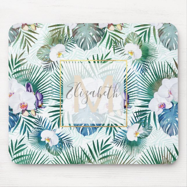 Tropical leaves and orchid flowers design mouse mat (Front)