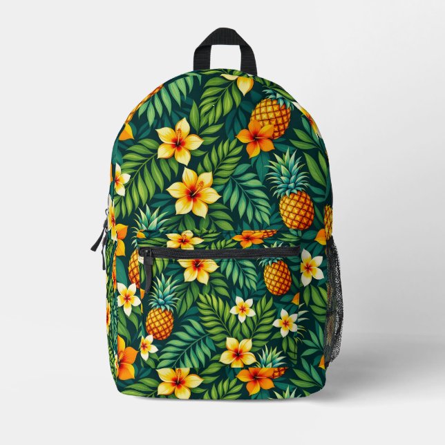 Tropical leaves and pineapple pattern printed backpack (Front)