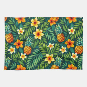 Tropical leaves and pineapple pattern tea towel