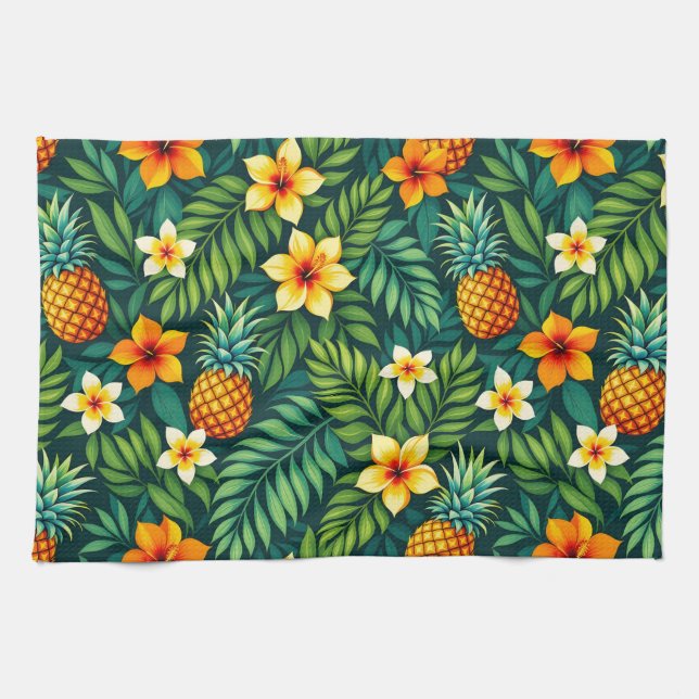 Tropical leaves and pineapple pattern tea towel (Horizontal)
