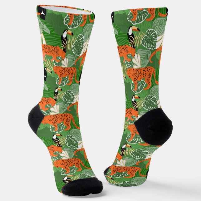 Tropical leaves and tigers pattern socks (Angled)