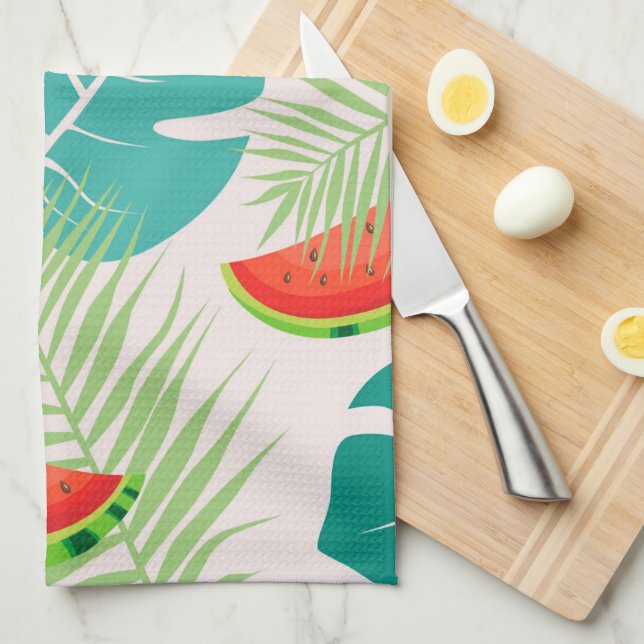 Tropical Leaves and Watermelons Tea Towel (Quarter Fold)