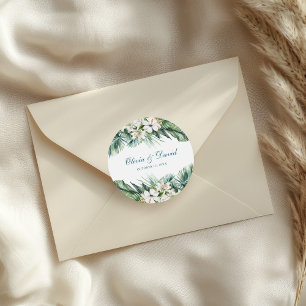 Tropical leaves and White Flowers Wedding Classic Round Sticker