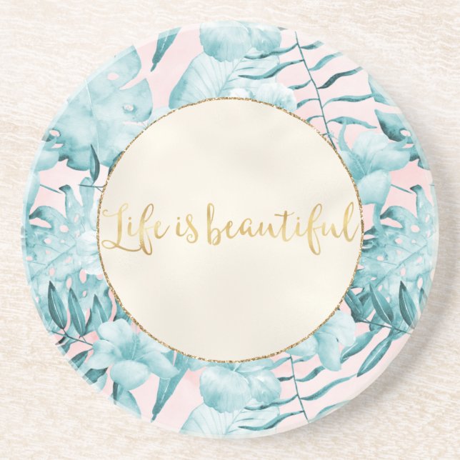 Tropical Leaves Aqua Gold          Coaster (Front)