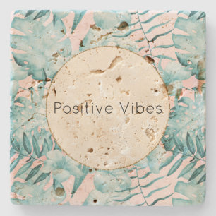 Tropical Leaves Aqua Gold Personalised Stone Coaster