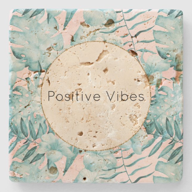 Tropical Leaves Aqua Gold Personalised Stone Coaster (Front)
