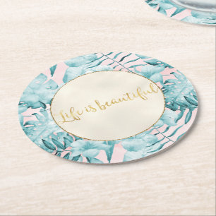 Tropical Leaves Aqua Gold Round Paper Coaster