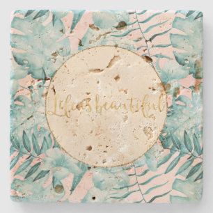 Tropical Leaves Aqua Gold Stone Coaster