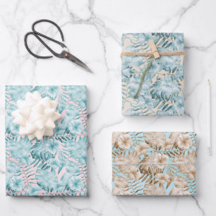 Tropical Leaves Aqua Pink Wrapping Paper Sheet