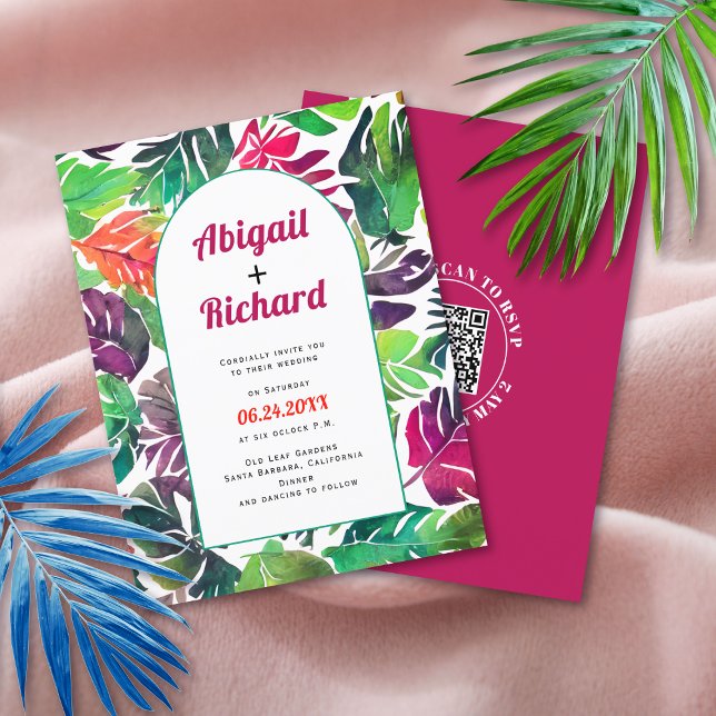 Tropical leaves arch QR code wedding invitation (Creator Uploaded)