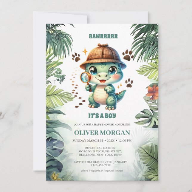 Tropical Leaves Baby Crocodile Bay Boy Shower Invitation (Front)