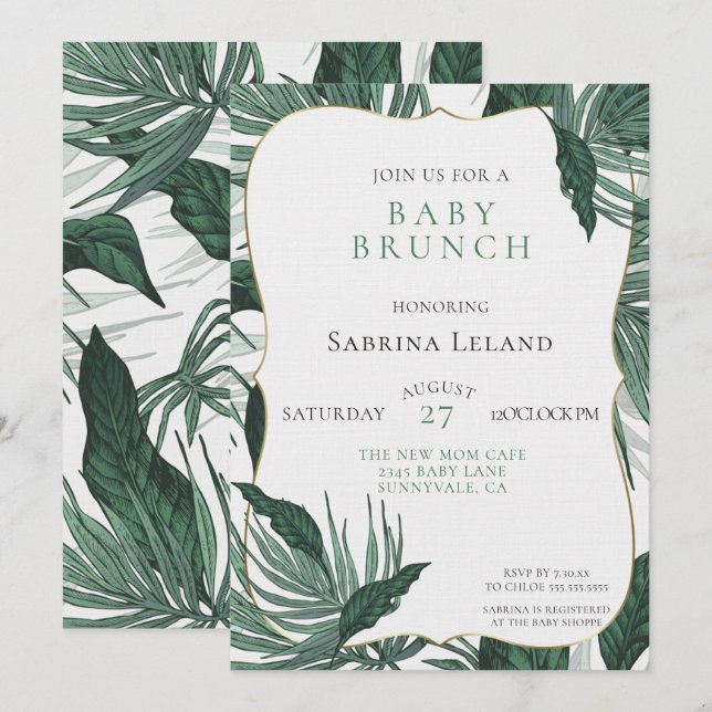 Tropical Leaves Baby Shower Brunch Green Invitation (Front/Back)