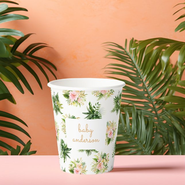 Tropical Leaves Baby Shower Paper Cups (tropical paper cup for a wild one jungle baby shower party with flowers in neutral colors)