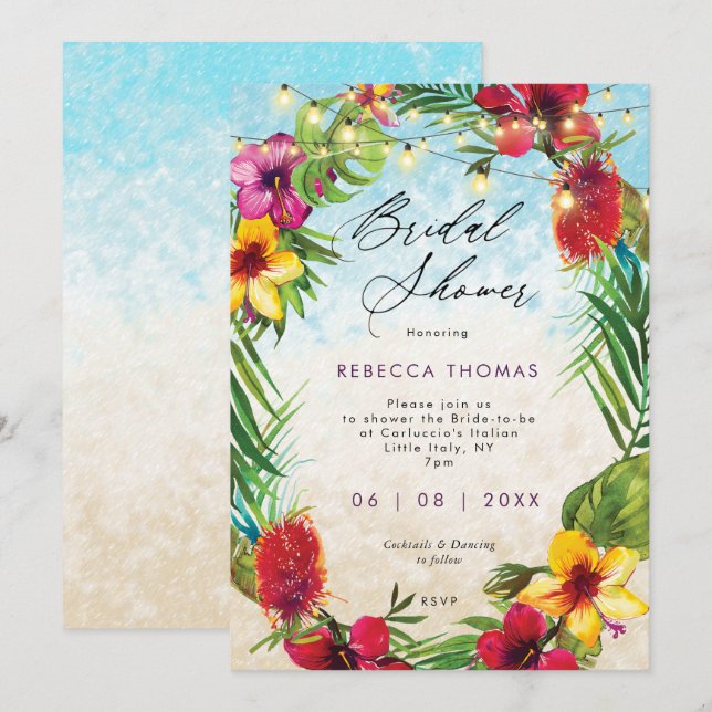 tropical leaves beach bridal shower invitation (Front/Back)