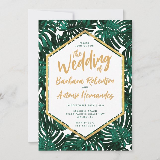 Tropical Leaves Beach Green Palm Wedding Invitation (Front)