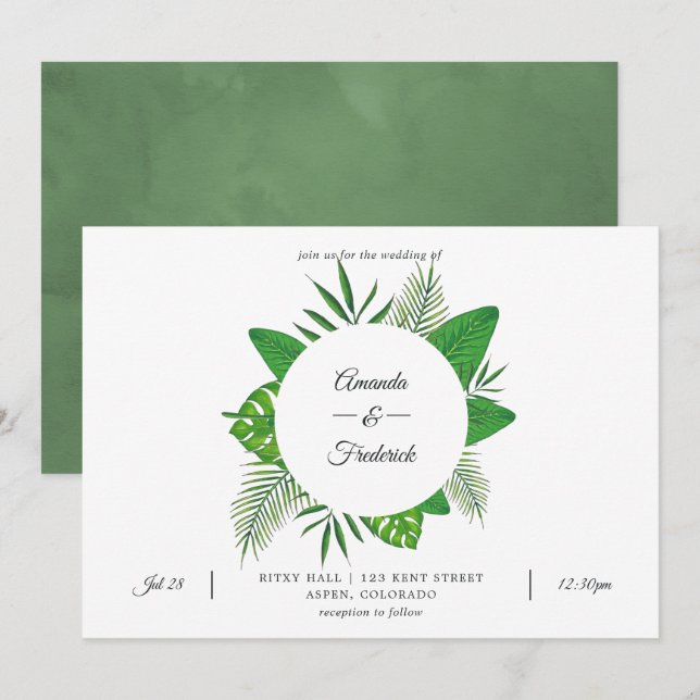 Tropical Leaves Beach Photo Wedding Invitation (Front/Back)