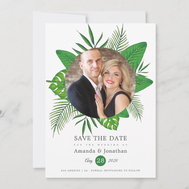 Tropical Leaves Beach Photo Wedding Save The Date (Front)