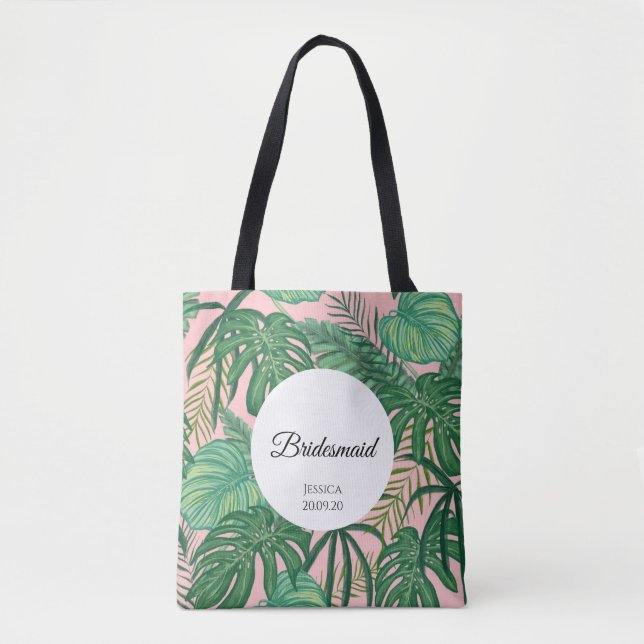 Tropical Leaves Beach Wedding Bridesmaid Tote Bag (Front)