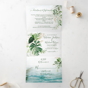 Tropical Leaves Beach Wedding Tri-Fold Invitation