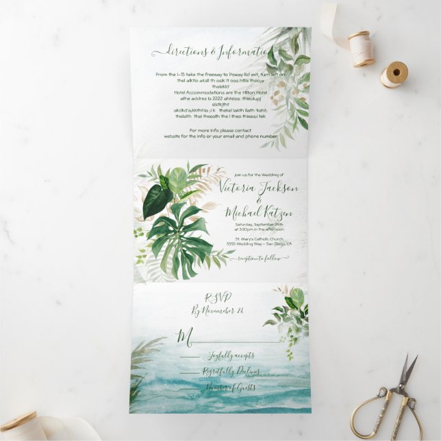 Tropical Leaves Beach Wedding Tri-Fold Invitation (Inside)