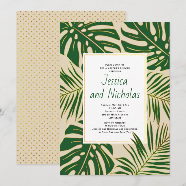 Tropical leaves beige wedding couple's shower invitation (Front/Back)
