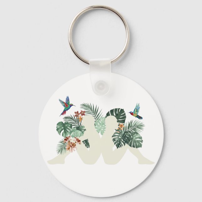 Tropical Leaves & Birds Nature Aesthetic Design Key Ring (Front)