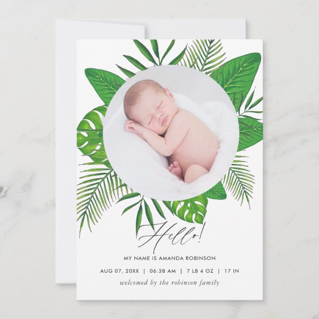 Tropical Leaves Birth Announcement Photo Card (Front)